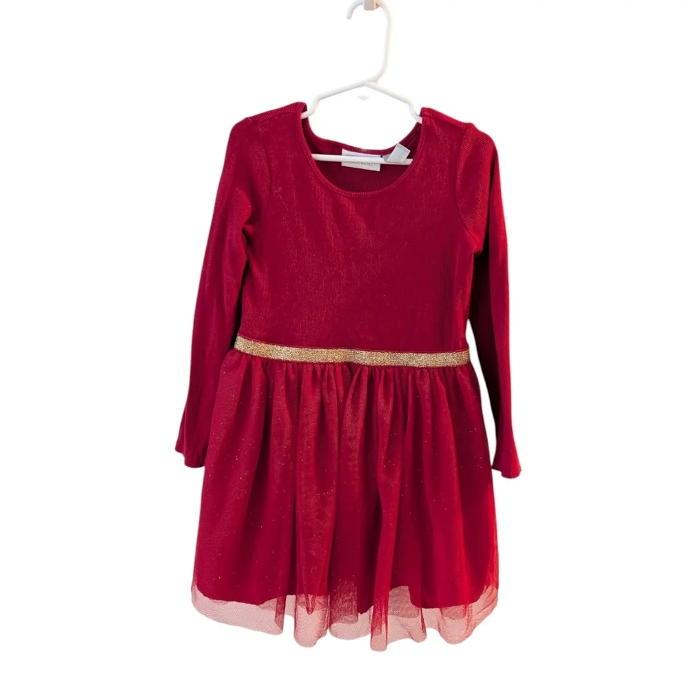 The Children's Place Red Long Sleeve Tulle Waist Dress with Gold Belt Size 5T - Picture 3 of 10